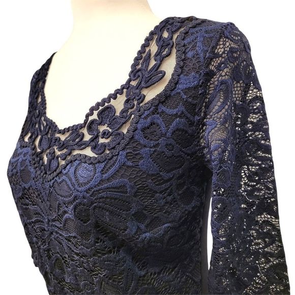 Navy Blue Dress with Elastic Waist 3/4 Sleeves and Lace Overlay - Picture 4 of 16